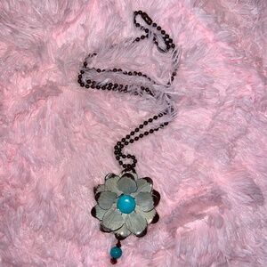 Unique 34" Large Metal Flower Necklace Cream Patina Turquoise